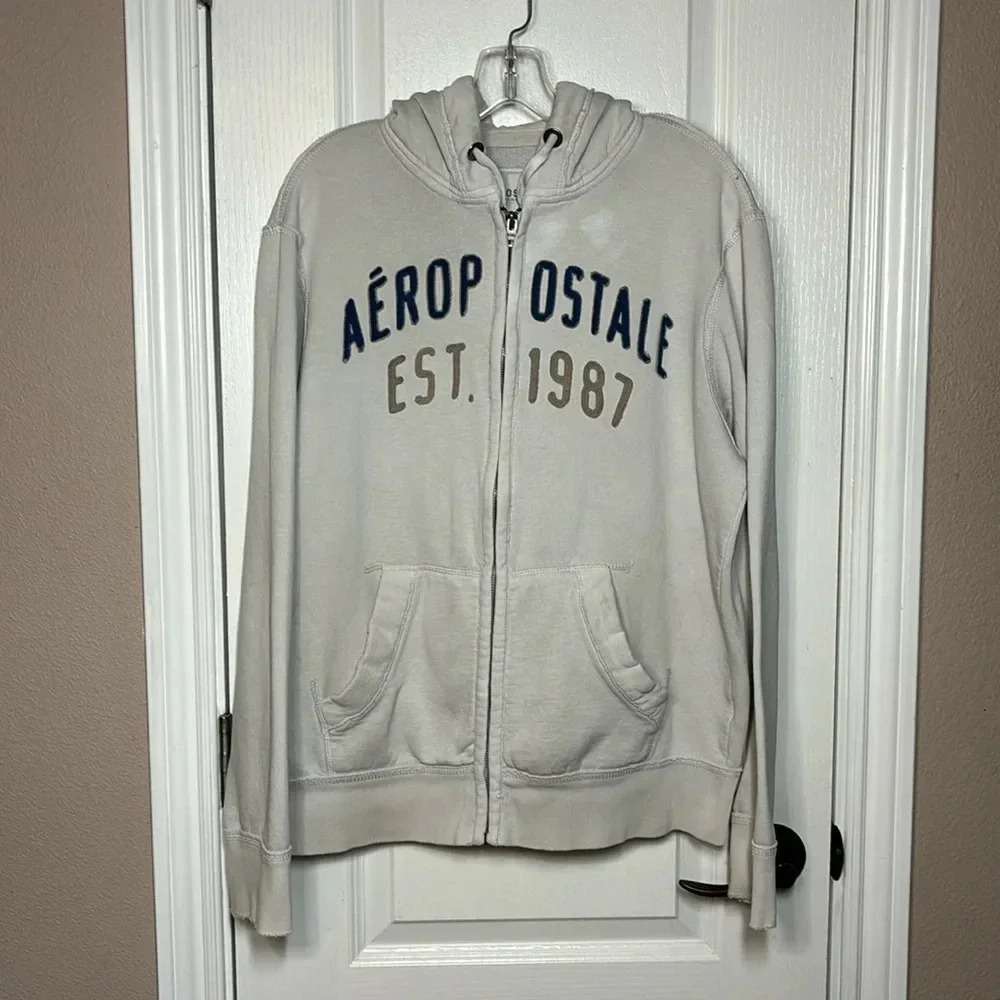Aeropostale Unisex Cream Cotton Blend Zip Up Hoodie Size L Pre-Owned